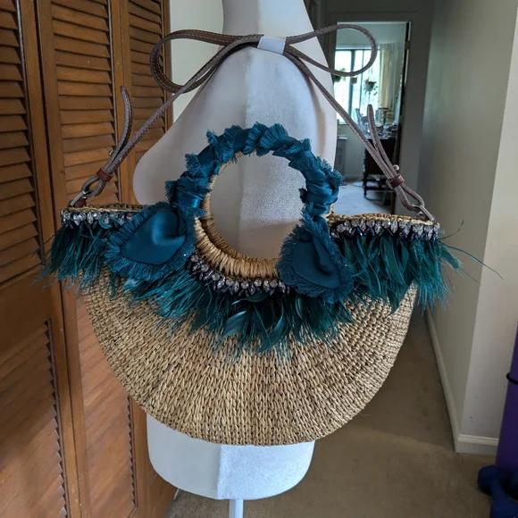 NWT! Sam Edelman Eliya Emerald Feather Straw Bag - Picture 3 of 7